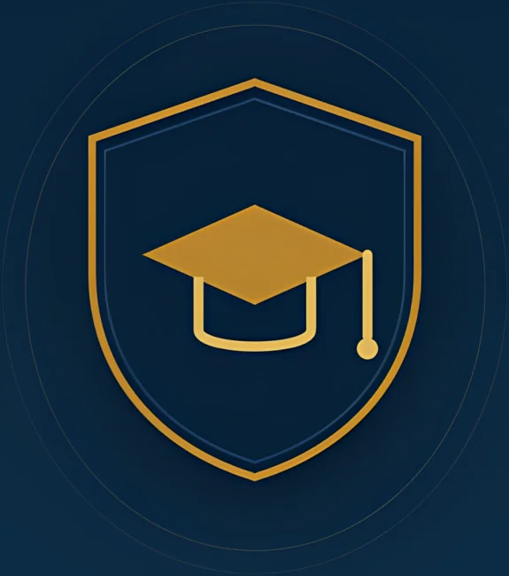 Gold graduation cap inside shield emblem